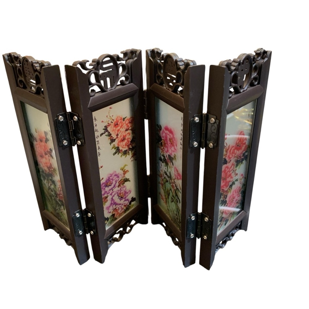 VINTAGE DOLLHOUSE MINIATURE Oriental Folding Glass Screen 4 PANEL FLORAL 6"